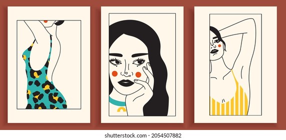 Un conjunto de figuras y caras de mujeres a la moda. Colección de afiches abstractos y elegantes, tatuajes, impresiones con formas hembras en un estilo lineal. Vestimenta moderna, concepto de ropa interior. Retrato mínimo de mujer.