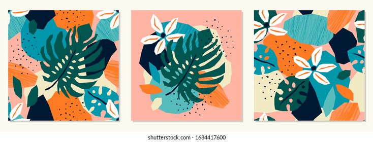 Set of trendy paper cut collage with abstract tropical floral elements, seamless pattern in flat design contemporary style, vector illustration, ideal for textile, fabrics, wallpaper etc