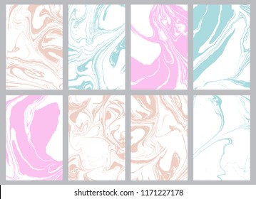 Set of trendy pastel color marble paper. Puzzle marbleized effect. Ancient oriental drawing technique. Swirls ripples and waves. Vector.