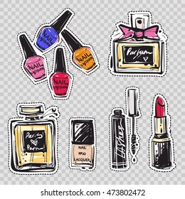 Set of trendy patches elements: nail polish colors, french perfume, cologne, mascara with applicator, red lipstick. Vector hand drawn fashion stickers kit. Trend glamour sketch badges in vogue style.