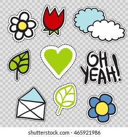 Set of trendy patches elements: oh yeah phrase, red tulip, clouds, envelope, green heart, leaf, camomile, forget-me-not flower. Vector hand drawn stikers kit. Modern doodle pop art badges and pins.