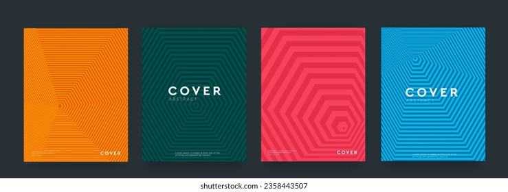 Set Trendy Pattern Lines Hexagon in Blue, Red, Orange, Green Colors. Backdrop Geometric Seamless Honeycomb for Advertising, Poster, Banner, Cover. Vector for Technology, Science, Medicine.