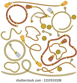 Set of Trendy pendants and chains, straps and ropes. Jewelry Luxurious accessories. Fashon collection for woman. Outline Flat vector on white background.