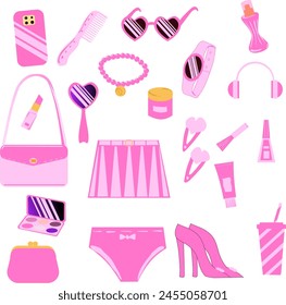 conjunto de accesorios rosa de moda en estilo 2000. artículos para niñas princesas o muñecas. No. Ilustración vectorial en estilo de dibujos animados chillón. 