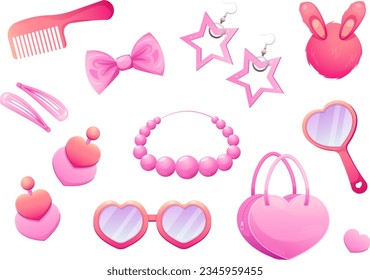 Set of trendy pink accessories and jewelry for dolls, princesses, girls. Nostalgic pinkcore 2000s style