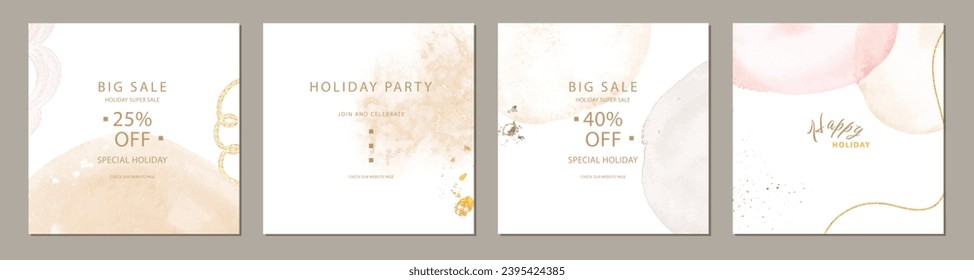 set of trendy pink and beige watercolor artistic square template. Suitable for social media posts, cards, invitations, banner and web ads