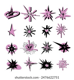 Set of trendy pink and black abstract shapes: starbursts, crosses, heart. Hand drawn ray highlights. Modern sticker design in retro grunge punk style. Flat vector illustration