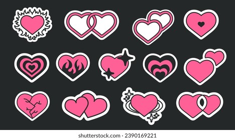 Set of trendy pink and black hearts in retro Y2k style.  Glamour pink stickers pack. Different elements hearts, stars and fire . Vector illustration in trendy emo goth 2000s style.