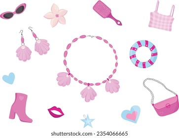 Set of trendy pink doll. Aesthetic accessories and clothing