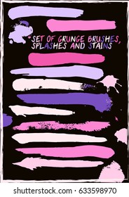 Set of trendy pink and purple vector brush strokes, splashes or backgrounds. Hand painted vintage ink brush strokes, brushes, splashes and lines. Dirty grunge artistic design elements. Text background