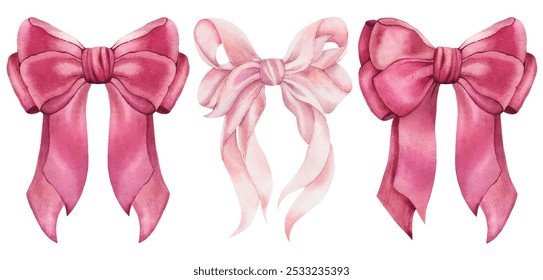 Set of trendy pink, red coquette ribbon bow. Watercolor hand drawn illustration isolated, white background. Soft pastel colors.Wedding invitation, party decoration, greeting card. Knot symbol. Vintage