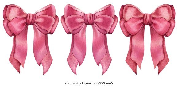 Set of trendy pink, red coquette ribbon bow. Watercolor hand drawn illustration isolated, white background. Soft pastel colors.Wedding invitation, party decoration, greeting card. Knot symbol. Vintage