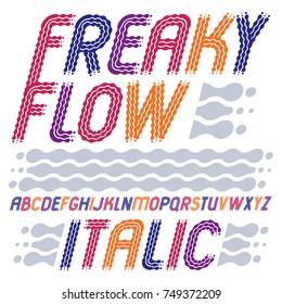 Set of trendy pop vector capital English alphabet letters isolated. Rounded bold italic retro 70s font, typescript for use in logo design. Made using flow, wavy lines.