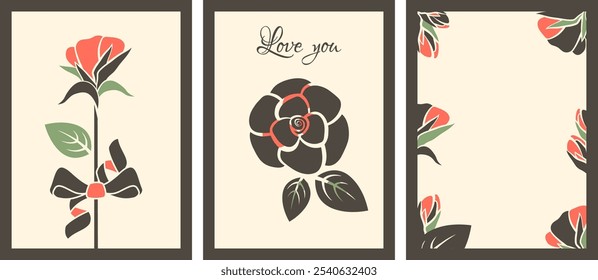 Set trendiger Postkartenvorlagen für den Valentinstag. Romantische Karten Designs mit Rose, Bogen, Liebestext. Moderne vertikale Hintergründe. Vektorgrafik für den Urlaub am 14. Februar