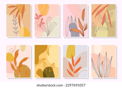 Set of trendy poster with flowers, plants, leaves, shapes in flat vector illustration.