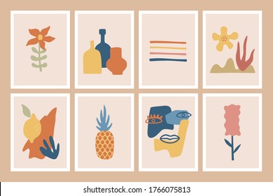 Set of trendy posters, abstract shapes, fruits and palm leaves, hand drawn collection of modern placard in flat style. Contemporary art in pastel colors. Vector isolated illustrations.