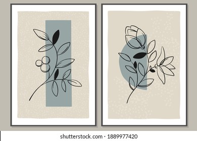 Set of trendy posters with botanical elements, branches, modern wall poster, minimal design, great for interior. Vector illustration.
