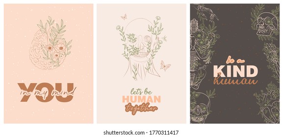 Afiches de moda con esqueleto floral de anatomía humana y citas de inspiración de órganos y tipografía sobre la vida. Ilustración vectorial editable.