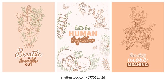 Afiches de moda con esqueleto floral de anatomía humana y citas de inspiración de órganos y tipografía sobre la vida. Ilustración vectorial editable.