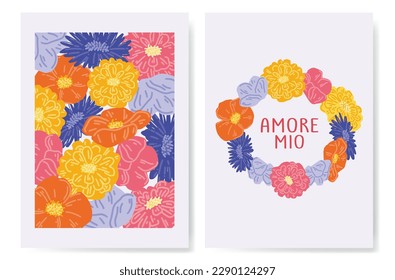 A set of trendy posters with a floral pattern and an inscription in Italian. Phrase amore mio in bright floral wreath. Trendy posters with wildflowers. Vector illustration.