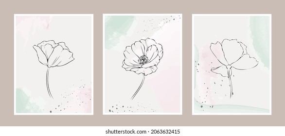 Set of trendy posters with flowers. Abstract hand drawn illustration with watercolour effects. Modern Art cards. Minimalism. Vector illustration.
