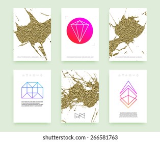 Set of Trendy Posters with Gold Glitter Texture Background. Modern Hipster Style for Invitation, Business Contemporary Design. Geometric Labels for Logo Design. Hand Drawn Elements for Placards, Flyer