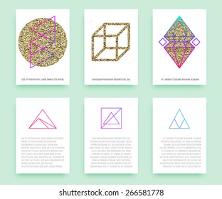 Set of Trendy Posters with Gold Glitter Texture Background. Modern Hipster Style for Invitation, Business Contemporary Design. Geometric Labels for Logo Design. Hand Drawn Elements for Placards, Flyer