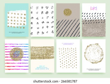 Set of Trendy Posters with Gold Glitter Texture Background. Modern Hipster Style for Invitation, Business Contemporary Design. Geometric Labels for Logo Design. Hand Drawn Elements for Placards, Flyer