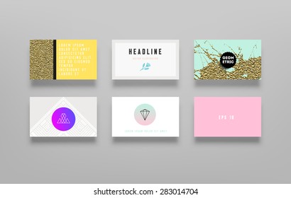 Set of Trendy Posters with Gold Glitter Texture Background. Modern Hipster Style for Invitation, Business Contemporary Design. Geometric Labels for Logo Design. Hand Drawn Elements for Placards, Flyer