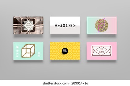 Set of Trendy Posters with Gold Glitter Texture Background. Modern Hipster Style for Invitation, Business Contemporary Design. Geometric Labels for Logo Design. Hand Drawn Elements for Placards, Flyer