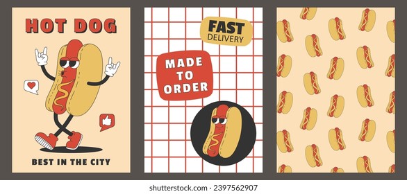 Set of trendy posters with groovy hippie hot dog. Cartoon character in trendy retro style. Template for poster, banner, flyer. Vector illustration