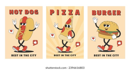 Afiches de moda con pizza groovy, hot dog y hamburguesa. Personajes de dibujos animados de estilo retro moderno. Plantilla para banner, afiche, volante. Ilustración del vector