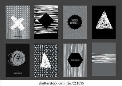 Set of Trendy Posters with hand drawn Background. Modern Hipster Style for Invitation, Business Contemporary Design. Geometric Labels for Logo Design. Hand Drawn Elements for Placards, Flyer