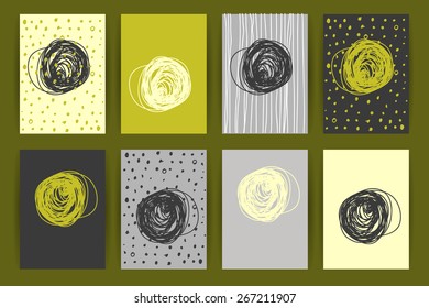 Set of Trendy Posters with hand drawn Background. Modern Hipster Style for Invitation, Business Contemporary Design. Geometric Labels for Logo Design. Hand Drawn Elements for Placards, Flyer