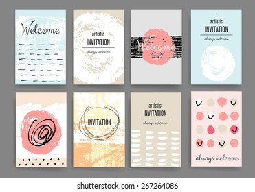 Set of Trendy Posters with hand drawn Background. Modern Hipster Style for Invitation, Business Contemporary Design. Hand Drawn Elements for Placards, Flyer