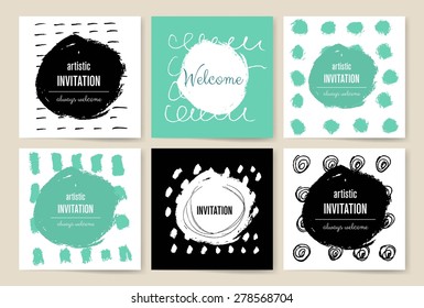 Set of Trendy Posters with hand drawn Background. Modern Hipster Style for Invitation, Business Contemporary Design. Hand Drawn Elements for Placards, Flyer. Card, for invitation or announcement