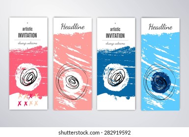 Set of Trendy Posters with hand drawn Background. Modern Hipster Style for Invitation, Business Contemporary Design. Hand Drawn Elements for Placards, Flyer