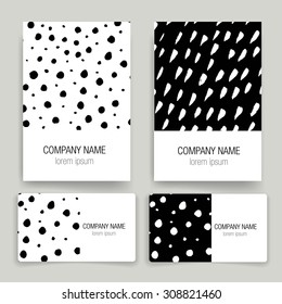 Set of Trendy Posters with hand drawn Background. Modern Hipster Style for Invitation, Business Contemporary Design. Hand Drawn Elements for Placards, Flyer. Business card. Black and White.