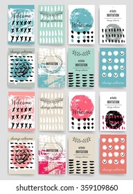 Set of Trendy Posters with hand drawn Background. Modern Hipster Style for Invitation, Business Contemporary Design. Hand Drawn Elements for Placards, Flyer