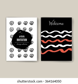 Set of Trendy Posters with hand drawn Background. Modern Hipster Style for Invitation, Business Contemporary Design. Hand Drawn Elements for Placards, Flyer