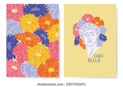 Set of trendy posters with head of David and floral pattern. Antique head in a floral wreath and vraza in Italian. Trendy poster with ancient Greek sculpture and floral pattern.