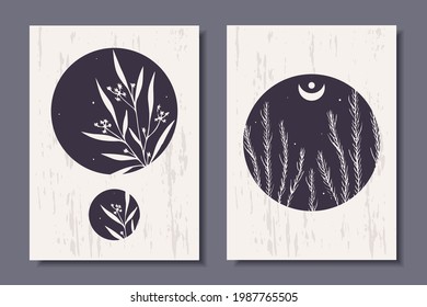 Set of trendy posters with minimalistic plants. Vector illustration.