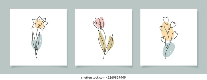 Set of trendy posters with one line flowers and branches. Line Art Drawing. Abstract illustration. Modern Art. Minimalism. Vector illustration.