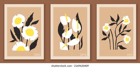 Set of trendy posters in pastel colors. Collection of vintage wall prints with flowers, leaves, abstract shapes. Freehand flat vector illustrations for social media, postcards, print.
Aestetic art.