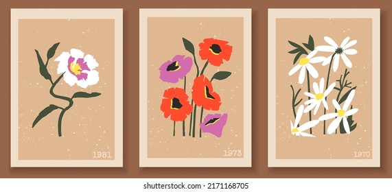 Set of trendy posters in pastel colors. Collection of vintage wall prints with flowers, leaves, abstract shapes. Freehand flat vector illustrations for social media, postcards, print.
Aestetic art set