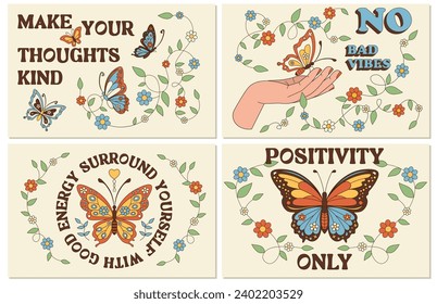 Set of trendy posters in retro style. Groovy covers with butterflies, daisy, blooming flowers and vibe quotes. Hippie banners in 70s style. Cartoon flat vector collection isolated on white background