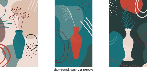 set of trendy posters with vases and hand drawn shapes, boho style