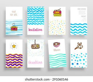 Set of Trendy Posters with Watercolor Patterns. Modern Hipster Style for Invitation, Business Contemporary Design. Labels for Logo Design. Hand Drawn Elements for Placards, Flyers, Menu or Invitations