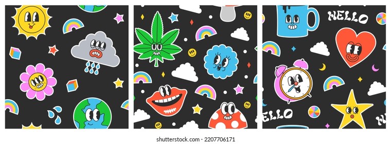 Set Of Trendy Psychedelic Sticker Seamless Pattern In Vintage Cartoon Style. Retro 70s Art Character Label Background Illustration Collection. Funny Colorful Groovy Print With Earth, Heart, Mushroom.