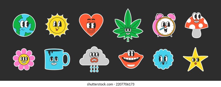 Set trendy psychedelic sticker in vintage cartoon style  Retro 50s art character label illustration collection isolated background  Funny colorful groovy mascot bundle 